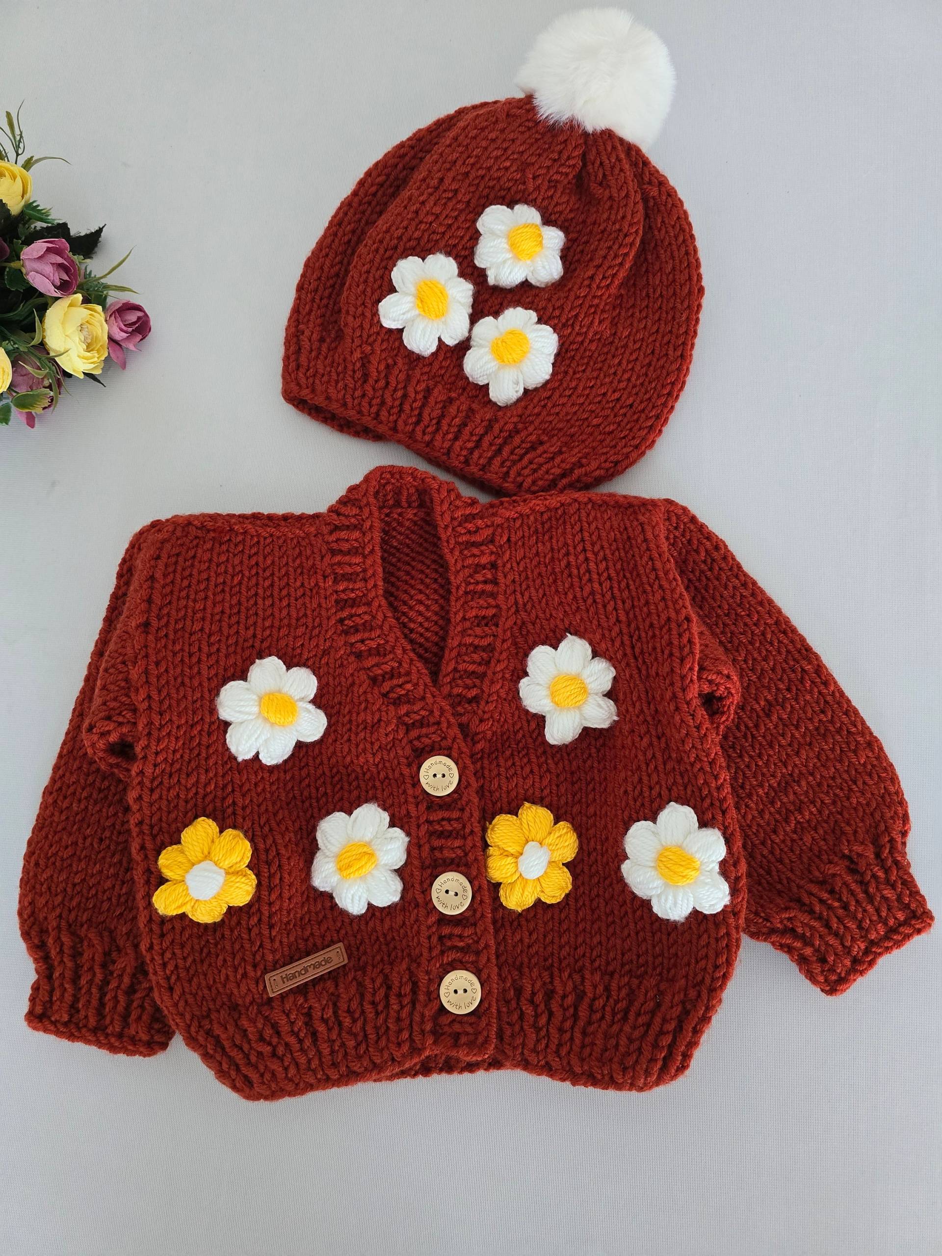 Cardigan With Hat, Girls Cardigan, Cardigan Flowers, Set Of 2, Handmade, Gift For Children, Knit, Baptism, Birthday von WorldofKidsHandmade