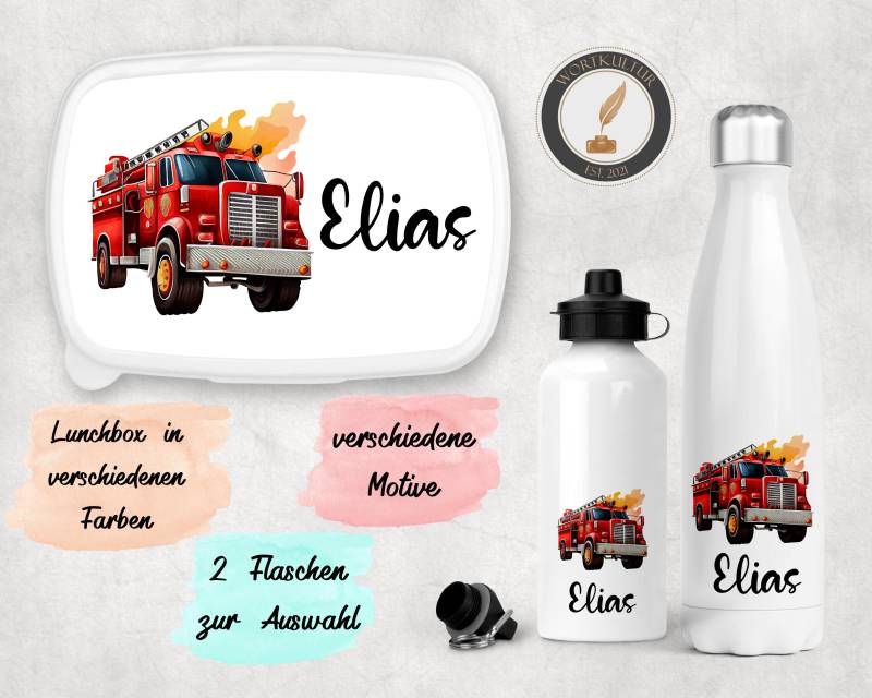 Personalisierte Lunchbox | Brotdose Thermosflasche Aluflasche 500 Ml Frühstück Feuerwehr Versch. Motive Einzeln Oder Im Set Personalisierte Lunchbox | Brotdose Thermosflasche Aluflasche 500 Ml Frühstück Feuerwehr Versch. Motive Einzeln Oder Im Set von Wortkultur