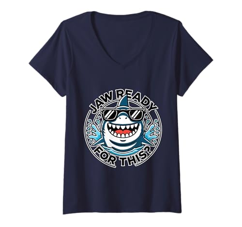 Damen Jaw Ready for This? Lustiger Wortwitz Hai Humor T-Shirt mit V-Ausschnitt Damen Jaw Ready for This? Lustiger Wortwitz Hai Humor T-Shirt mit V-Ausschnitt von Wortspiel Humor Hai Fans Weißer Hai