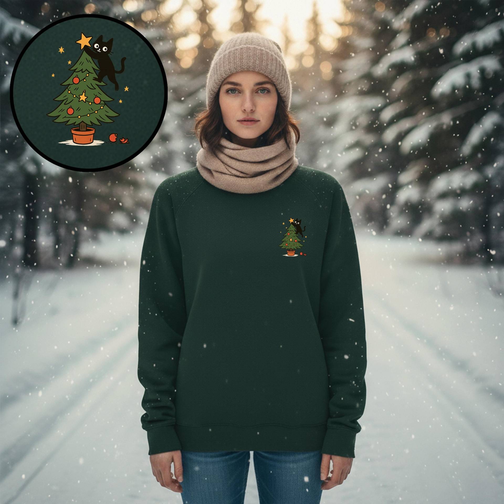 Weihnachtspullover Katze Am Baum Unisex - Lustiges Christmas Cat Design Weihnachtsgeschenk Für Katzenfans von WortundFarbe