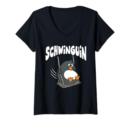 Damen Schwinguin - lustiger Pinguin auf Schaukel T-Shirt mit V-Ausschnitt von Wortwitz mit Tieren Pinguin