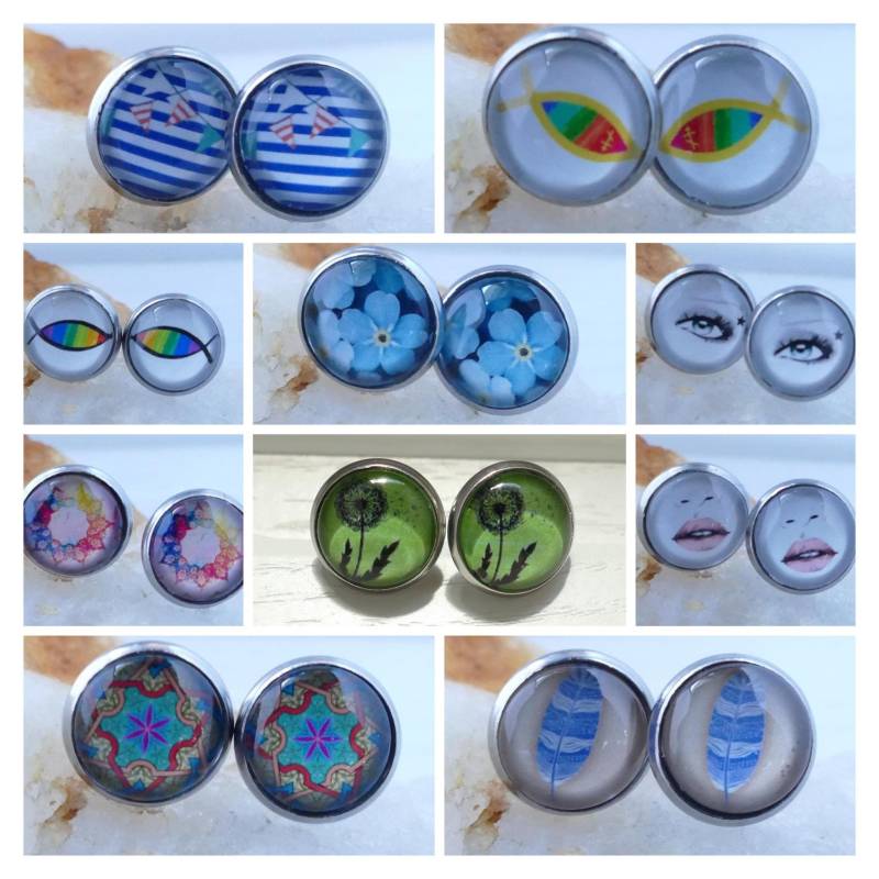 1 Paar Edelstahl-Ohrstecker Silber Mit Cabochons - Verschiedene Motive Zur Auswahl 1 Paar Edelstahl-Ohrstecker Silber Mit Cabochons - Verschiedene Motive Zur Auswahl von WoschisRegenbogen