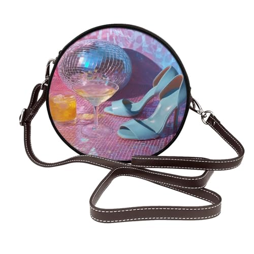 60er Jahre Disco Ästhetische Getränke High Heels Frauen Runde Crossbody Taschen Leder Sling Bag Geldbörse von Woshuwo