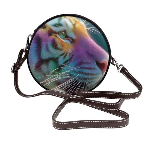 Abstrakte Tiger Damen-Umhängetasche, rund, Leder, Schultertasche von Woshuwo