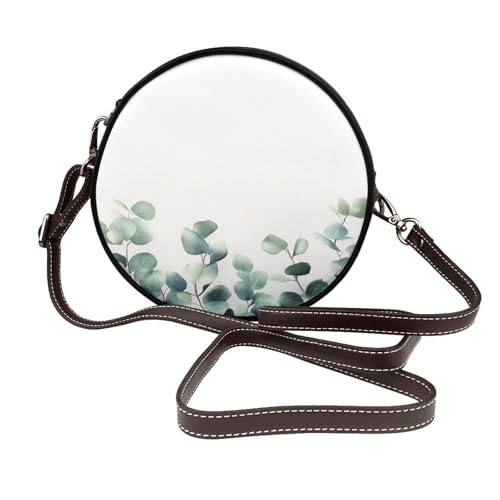 Aquarell-Eukalyptusblätter entlang des unteren Randes, runde Damen-Umhängetasche, Leder-Tragetasche, Geldbörse von Woshuwo