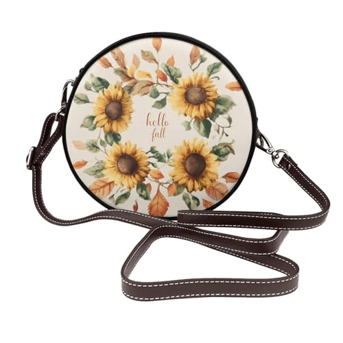 Aquarell-Herbstkranz mit Sonnenblumen, runde Umhängetasche, Leder-Tragetasche, Geldbörse von Woshuwo