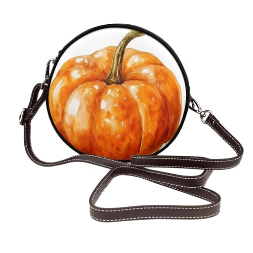 Aquarell-Kürbis-Damen-Umhängetasche, rund, Leder, Schultertasche von Woshuwo