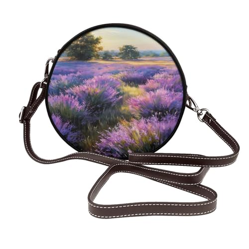 Aquarell-Lavendelfeld-Damen-Umhängetasche, rund, Leder, Schultertasche von Woshuwo