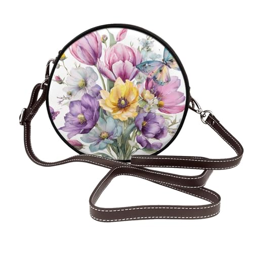 Aquarell-Tulpen Blumen Schmetterlinge Damen Runde Umhängetasche Leder Sling Bag Geldbörse von Woshuwo