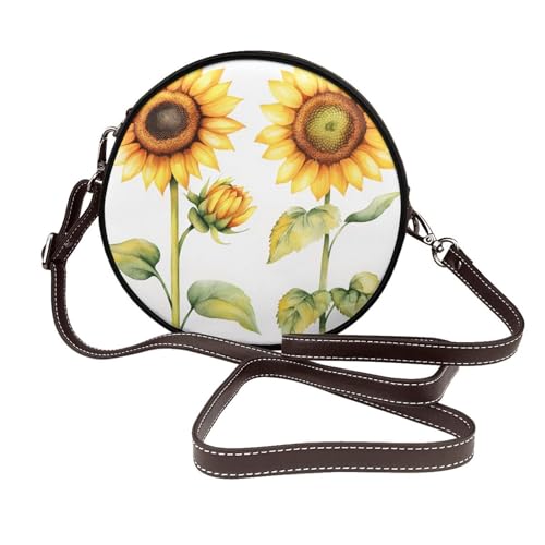 Aquarell-Umhängetasche mit zwei Sonnenblumen, rund, Leder, Schultertasche von Woshuwo