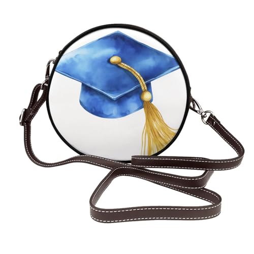 Aquarell-blau-goldfarbene Abschlusskappe mit Quaste, für Damen, runde Umhängetasche, Leder-Tragetasche, Geldbörse von Woshuwo