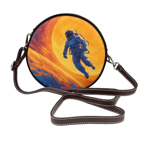 Astronaut In The Space Orange Damen Runde Umhängetasche Leder Sling Bag Geldbörse von Woshuwo