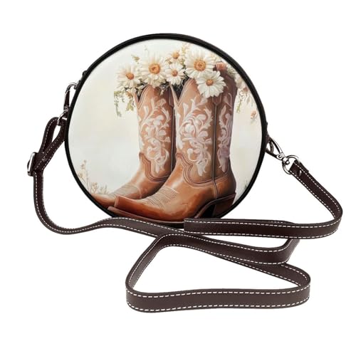 Braune Cowgirl-Stiefel, weiße Blumen, runde Umhängetasche, Ledertasche, Geldbörse von Woshuwo