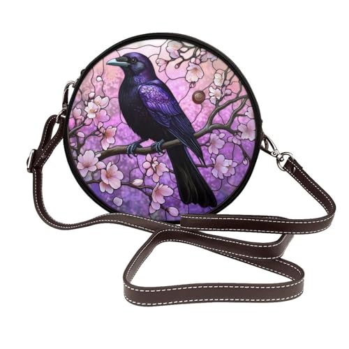 Braune Damen-Umhängetasche, Leder, Motiv: Krähe auf Kirschzweig von Woshuwo