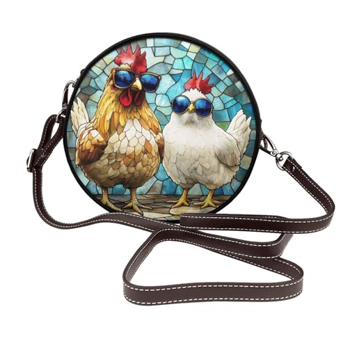 Braune Sonnenbrille für Damen, aus Leder, Motiv: Buntglas, Huhn, Blau von Woshuwo
