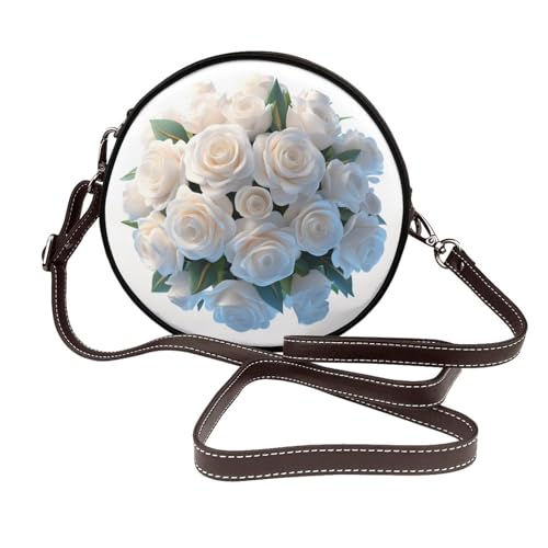 Brautstrauß, weiße Rosen, runde Umhängetasche, Leder, Schultertasche von Woshuwo