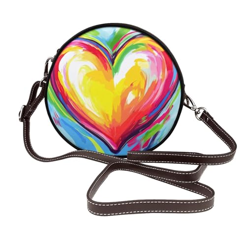 Bunte Herz-Umhängetasche für Damen, rund, Leder, Schultertasche von Woshuwo