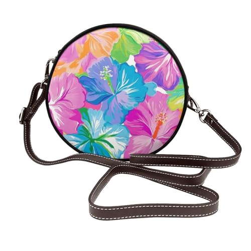 Bunte Hibiskus-Damen-Umhängetasche, rund, Leder, Schultertasche von Woshuwo