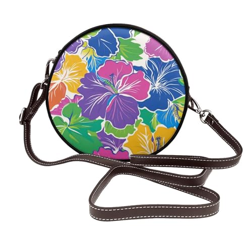 Bunte Hibiskusblumen-Damen-Umhängetasche, rund, Leder, Schultertasche von Woshuwo