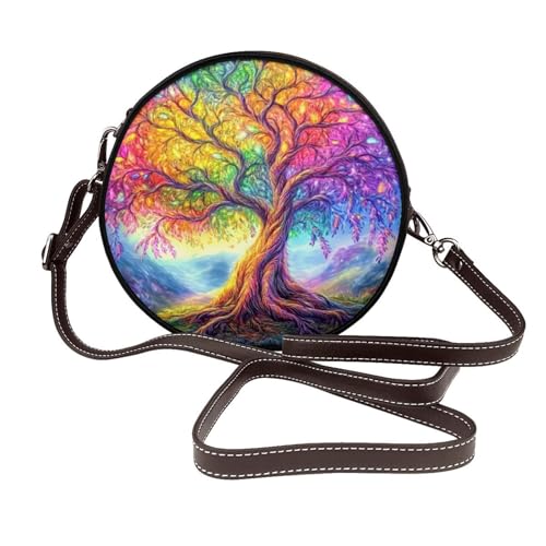 Bunter Lebensbaum für Damen, runde Umhängetasche, Leder, Schultertasche von Woshuwo