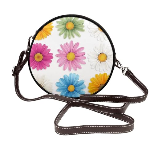 Buntes Gänseblümchen-Set, runde Umhängetasche, Leder, Schultertasche von Woshuwo