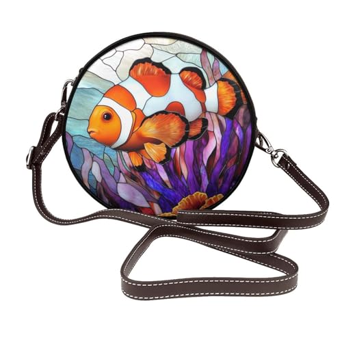 Buntglas Clownfish Damen Runde Umhängetasche Leder Sling Bag Geldbörse von Woshuwo