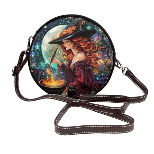 Buntglas-Hexe mit Zaubererhut, runde Umhängetasche, Ledertasche, Geldbörse von Woshuwo