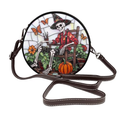 Buntglas-Skelett mit schwarzem Hut für Damen, runde Umhängetasche, Leder-Tragetasche, Geldbörse von Woshuwo