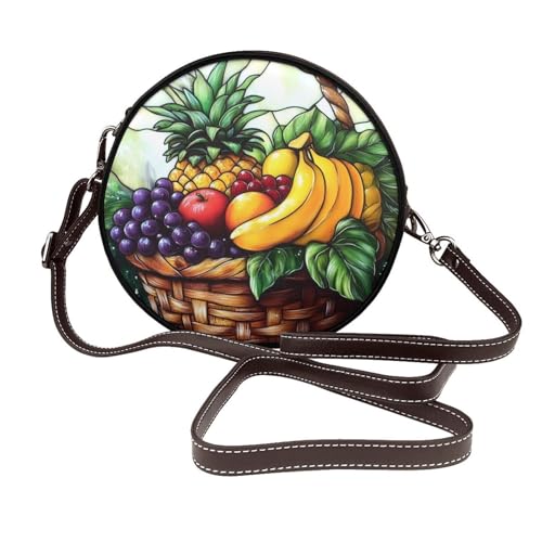 Buntglas-Umhängetasche mit Früchten, Bananen, rund, Leder, Schultertasche von Woshuwo