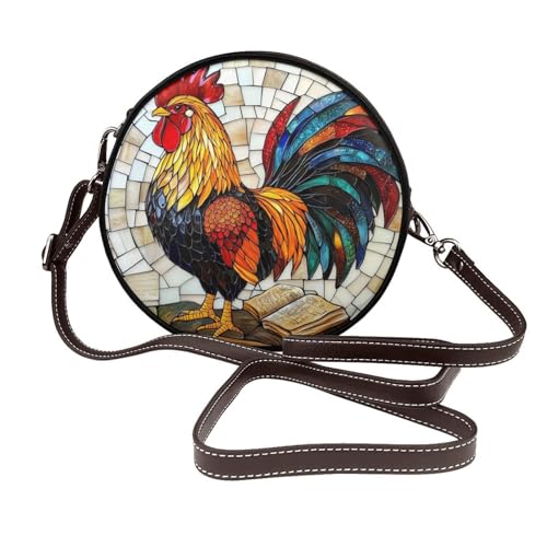 Buntglas-Umhängetasche mit buntem Hahn, rund, Leder, Schultertasche von Woshuwo