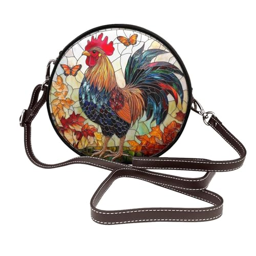 Buntglas-Umhängetasche mit buntem Hahn, rund, Leder, Schultertasche von Woshuwo
