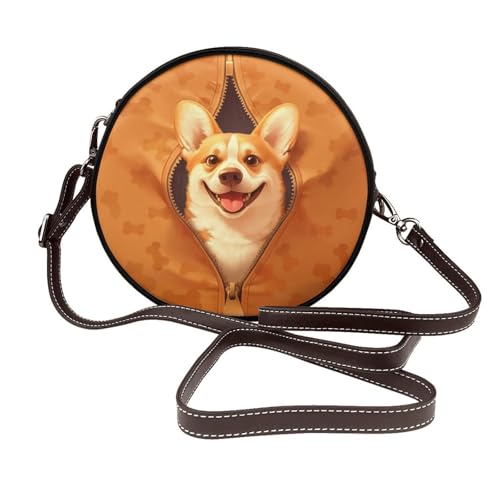 Corgi Umhängetasche mit Reißverschluss und rundem Gesicht von Corgi, Leder, Schultertasche von Woshuwo