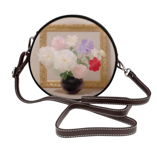 Damen-Umhängetasche, Blumenstrauß in einer Vase, rund, Leder, Schultertasche von Woshuwo