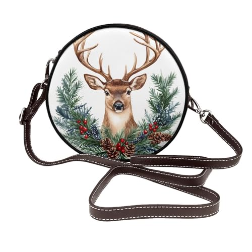 Damen-Umhängetasche, Motiv: Weihnachts-Hirschkränze, rund, Leder, Schultertasche von Woshuwo