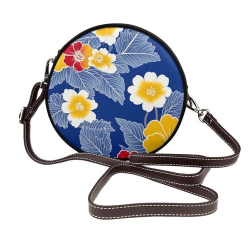 Damen-Umhängetasche, japanisches Blumenmuster, rund, Leder, Schultertasche von Woshuwo