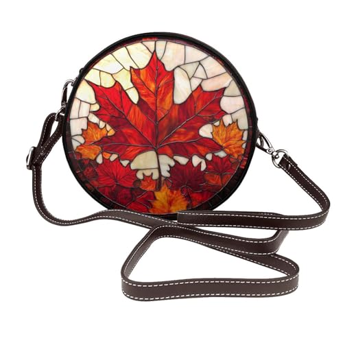 Damen Umhängetasche aus Buntglas, Ahornblätter, rund, Leder, Schultertasche von Woshuwo
