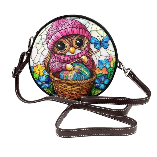 Damen Umhängetasche aus Leder mit buntem Eulen-Motiv, rosa Hut, runde Umhängetasche, Geldbörse von Woshuwo