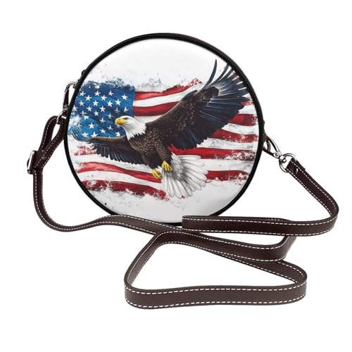Eagle On An American Flag Vintage Damen Runde Umhängetasche Leder Sling Bag Geldbörse von Woshuwo