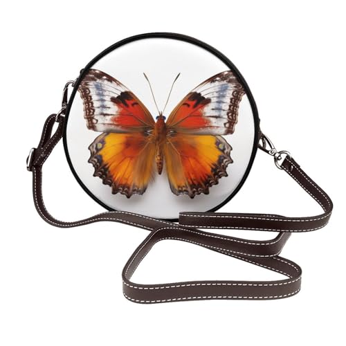 Eine bunte Schmetterlings-Umhängetasche für Damen, rund, Leder, Schultertasche von Woshuwo