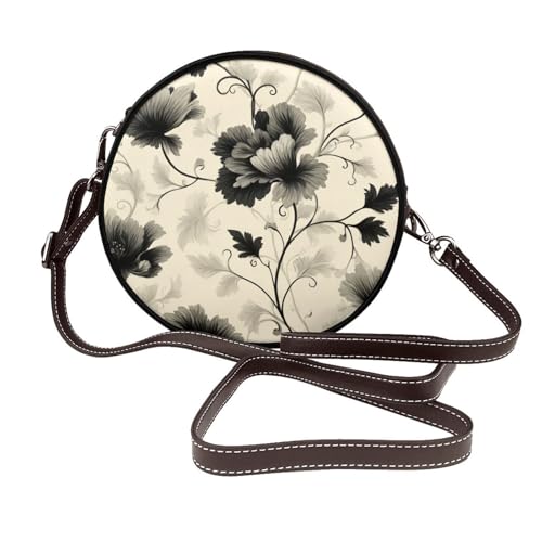 Elegante Umhängetasche für Damen, Blumenmuster, rund, Leder, Schultertasche von Woshuwo