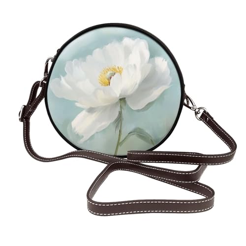 Elegante weiße Pfingstrose, runde Umhängetasche, Leder, Schultertasche von Woshuwo