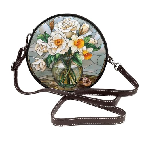 Glasmalerei Frühlingsblumen in Glasflasche Frauen Runde Umhängetasche Leder Sling Bag Geldbörse von Woshuwo