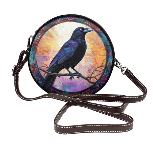 Glasmalerei Krähe auf einem Ast Damen Runde Crossbody-Tasche Leder Sling Bag Geldbörse von Woshuwo