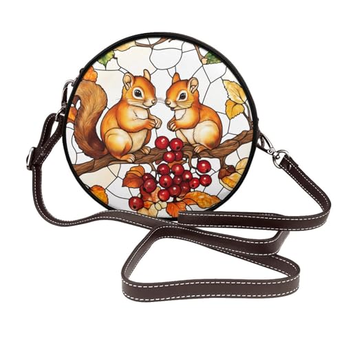 Glasmalerei Zwei Eichhörnchen Frauen Runde Crossbody Taschen Leder Sling Bag Geldbörse von Woshuwo