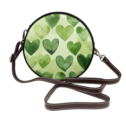 Green Hearts Damen-Umhängetasche, rund, Leder, Schultertasche von Woshuwo