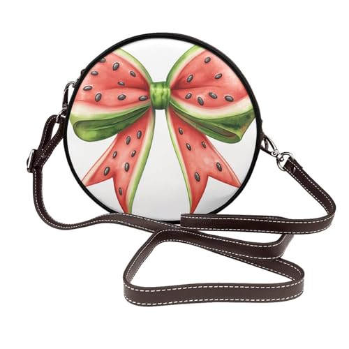 Große Schleife, Wassermelonenmuster, runde Umhängetasche, Leder, Schultertasche von Woshuwo