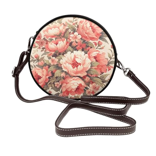 Große rosa und rote Blumen Frauen Runde Umhängetasche Leder Sling Bag Geldbörse von Woshuwo