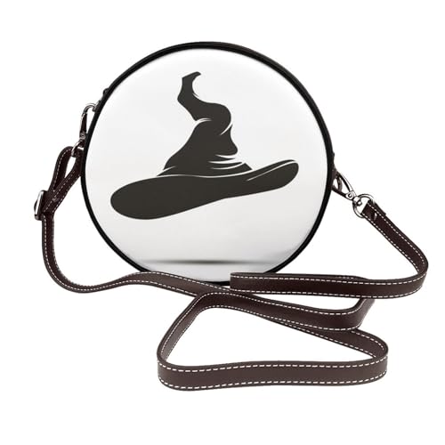 Halloween-Hut-Silhouette, Damen, runde Umhängetasche, Leder-Tragetasche, Geldbörse von Woshuwo