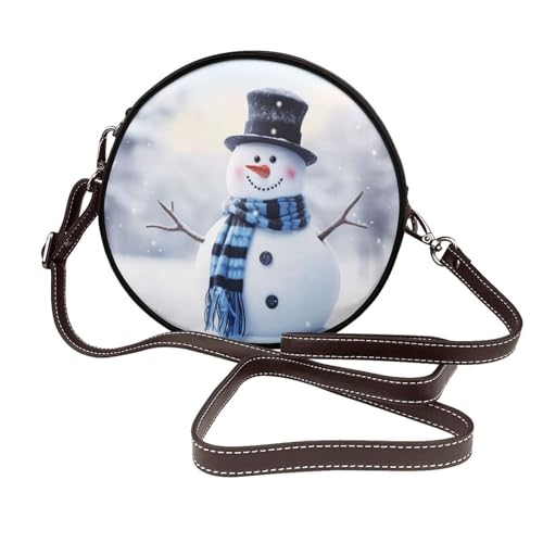 Happy Snowman Damen-Umhängetasche, rund, Leder, Schultertasche von Woshuwo