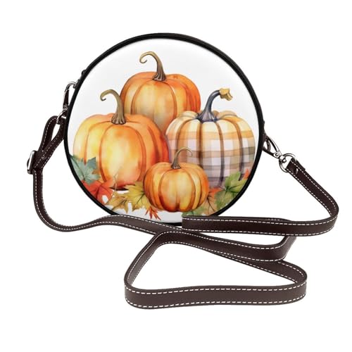 Herbstfarben Kürbisse Damen Runde Umhängetasche Leder Schultertasche Geldbörse von Woshuwo